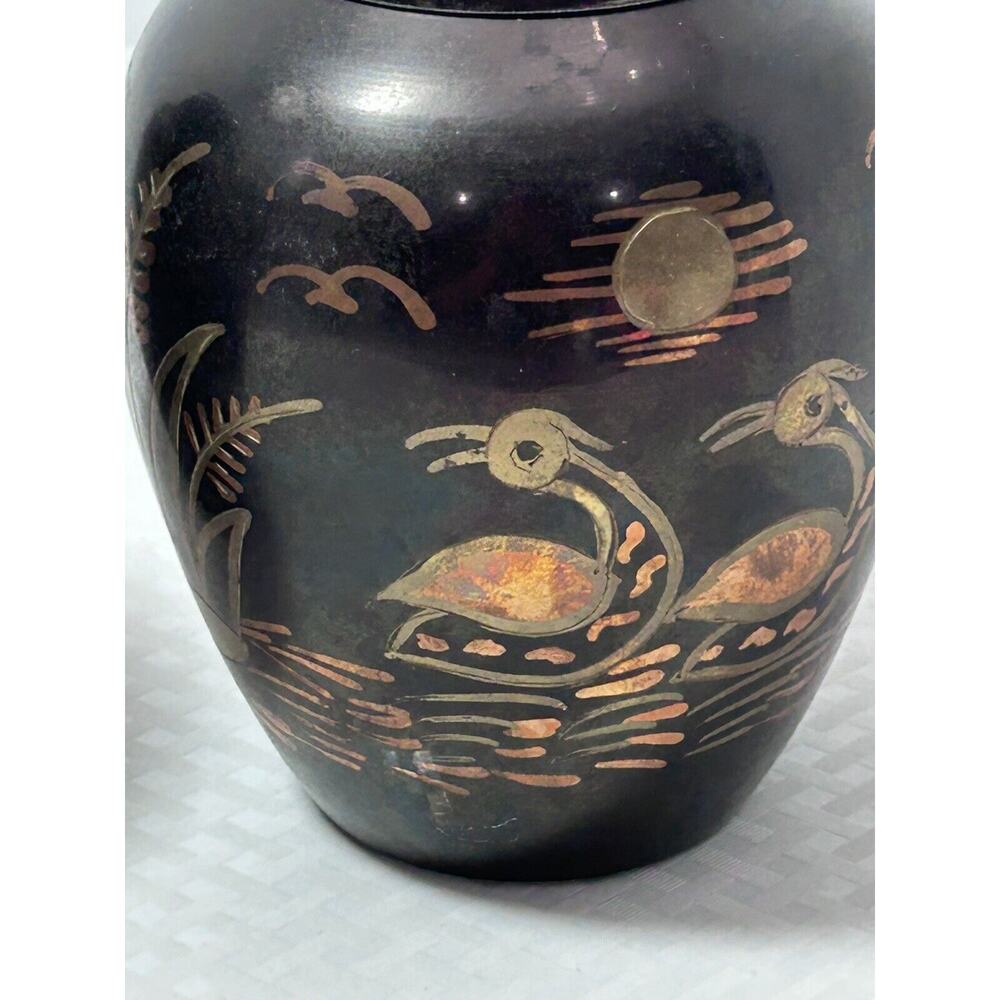 2 Vintage Tricolor Brass Swan Ginger Jar Urn Metal Lake Scene Asian Sunset India - Picture 12 of 13